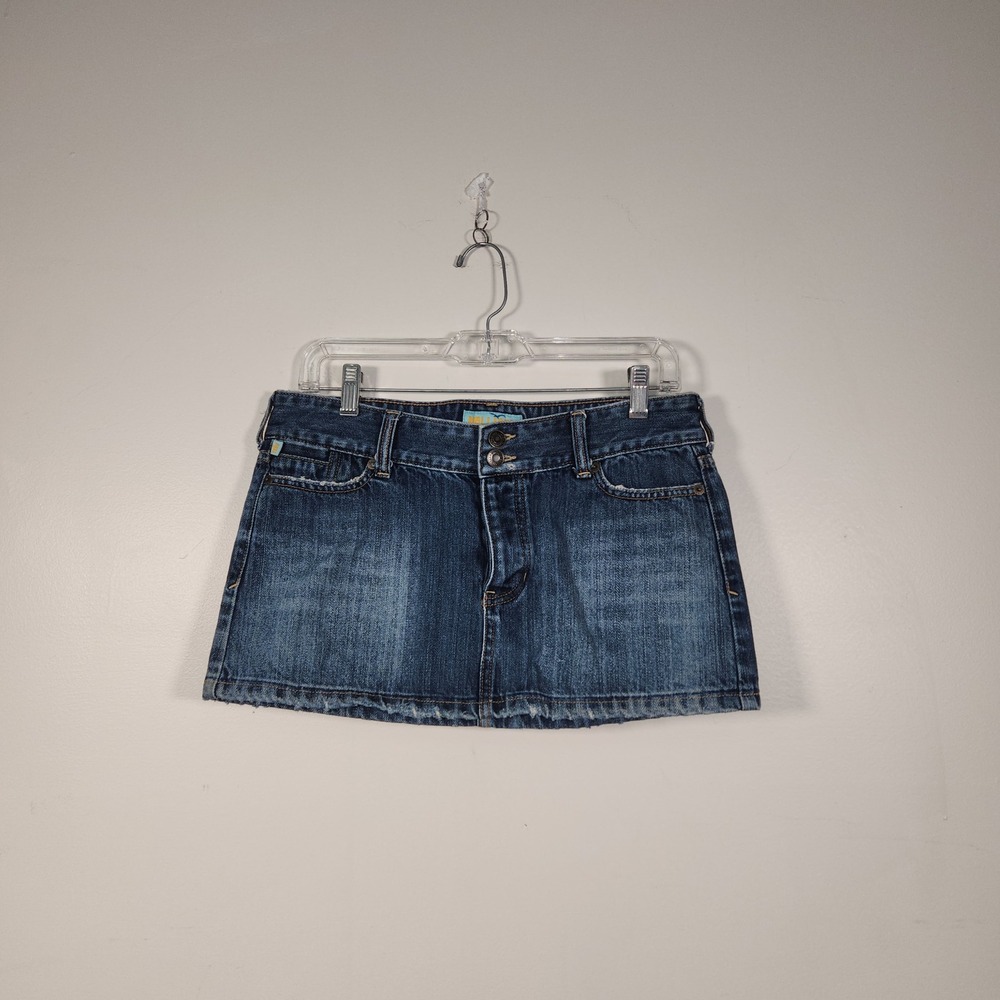 HOLLISTER Denim Micro Mini Skirt Junior 7 Blue Embroidered Button Fly 2000s Boho